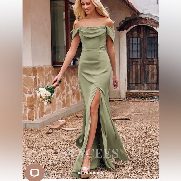 NEW WITH TAGS- STACEE Off-the-Shoulder Floor-Length Stretch Satin Dress Sz 12 - Picture 1 of 8